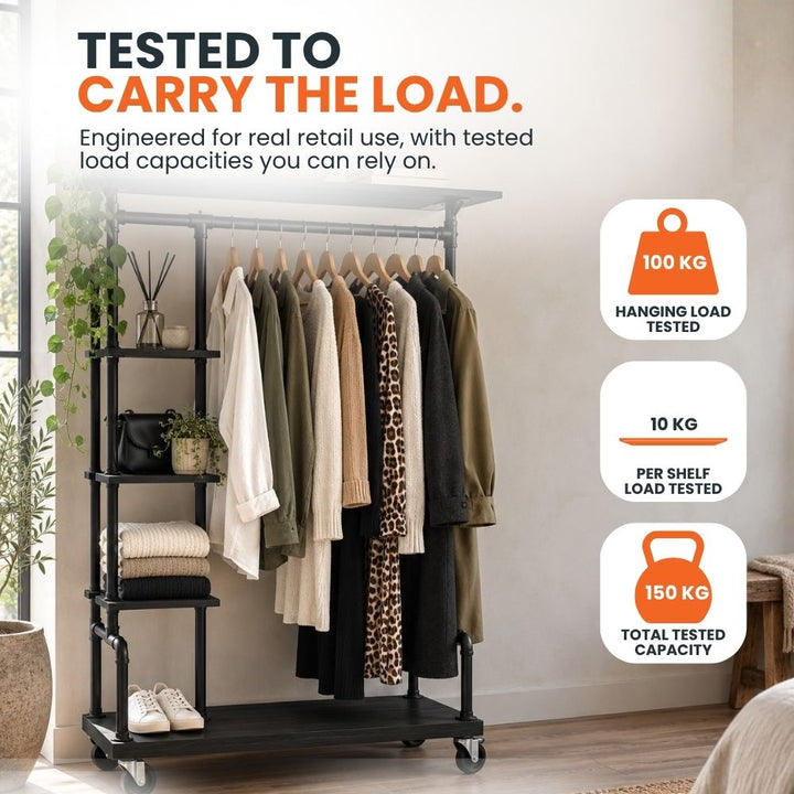 Black shelving clothes rail demonstrating a 100kg tested hanging load, 10kg per-shelf capacity and 150kg total tested capacity.