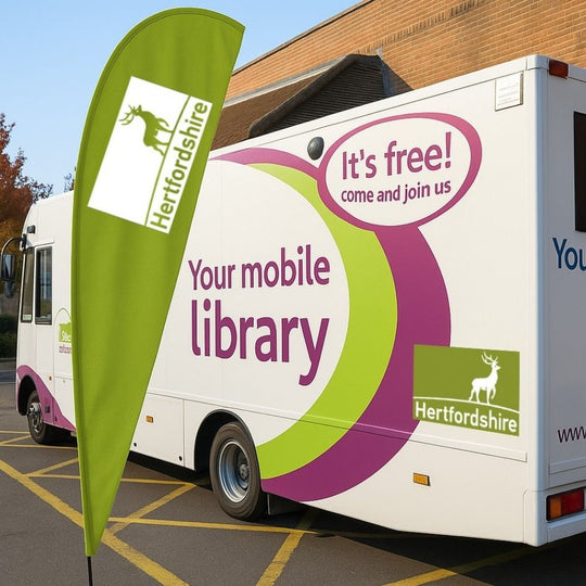 Single-Sided Glass Fibre Teardrop Flag with Drive-On Car Base inc. Graphic Printing - 5m