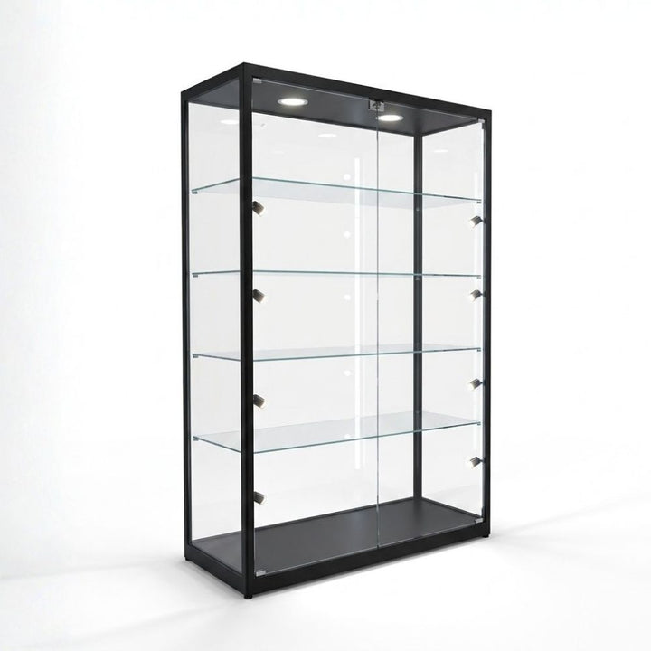 Wide black aluminium cabinet, four toughened glass shelves stepped up the interior and spotlights set into the top frame, ready for shop-floor display.
