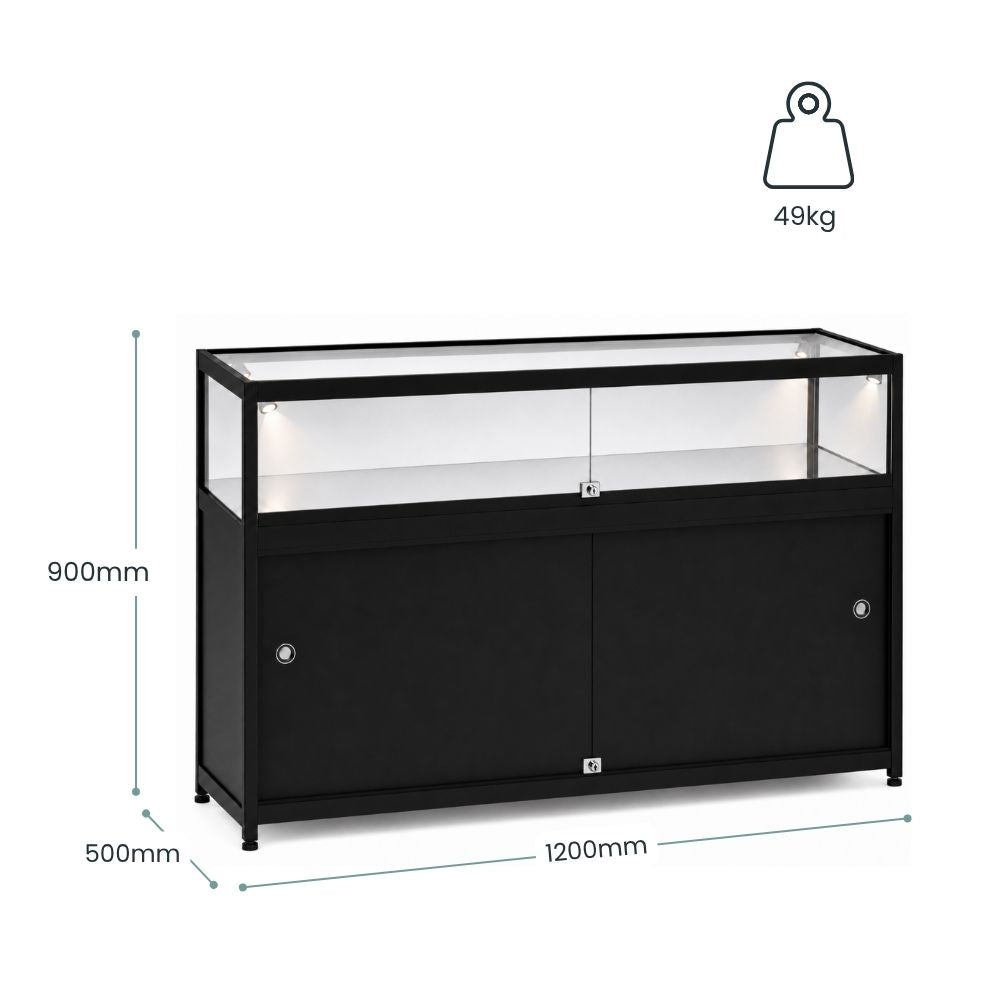 Black Aluminium Glass Counter Display Cabinet with 4 LED Spotlights ...