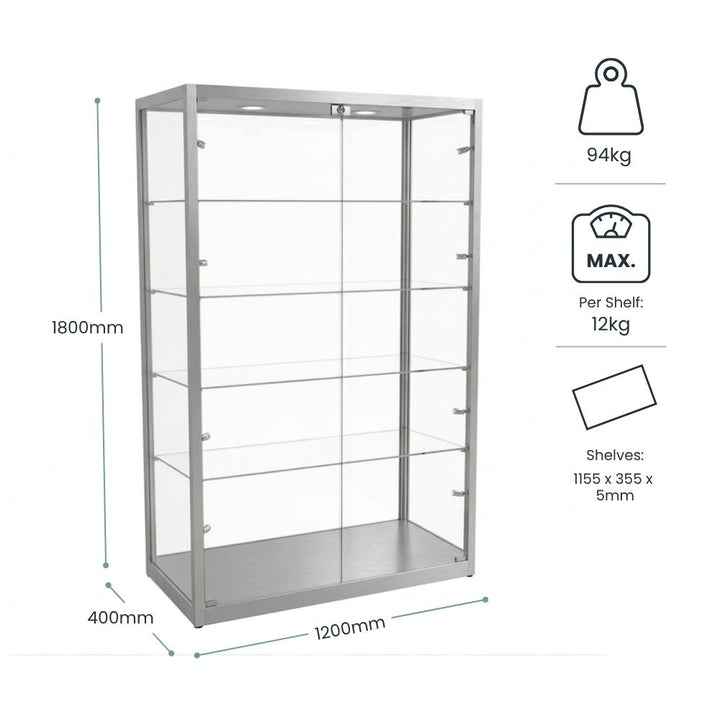 Set out at 1800mm high by 1200mm wide by 400mm deep, 94kg overall, each of the four shelves 1155 x 355 x 5mm and rated to 12kg.
