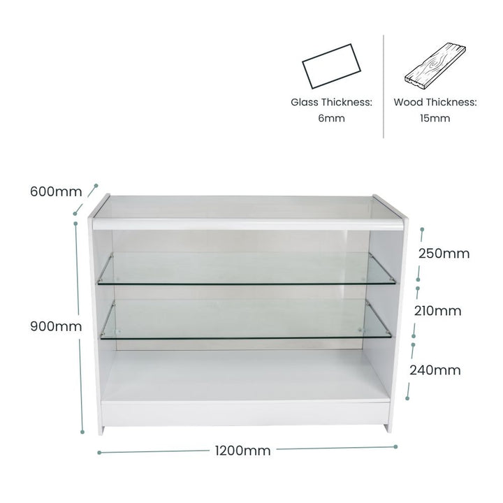 Dimension guide for a 1200mm white wooden glass retail display counter, showing 900mm height, 600mm depth, 6mm glass thickness, 15mm wood thickness and internal shelf spacing for shop merchandising, showroom product displays and retail counter planning.