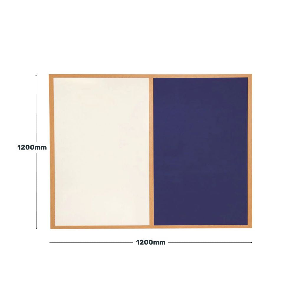Wall-mounted dual-use board featuring a blue felt noticeboard and a dry-wipe whiteboard, enclosed in a light wooden frame, sized 1200mm by 1200mm.

