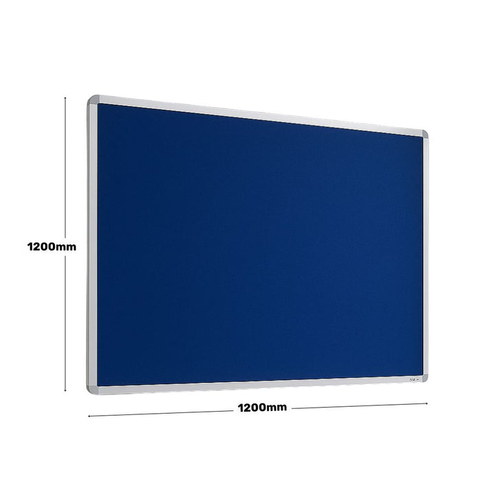1200mm x 1200mm blue felt noticeboard with silver aluminium frame, designed for wall mounting in schools, offices, or communal areas.

