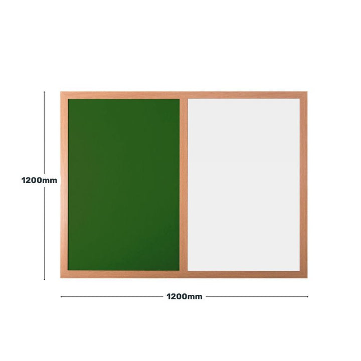 Square dual-purpose board with green felt noticeboard and whiteboard surface, both framed in wood, measuring 1200mm by 1200mm.

