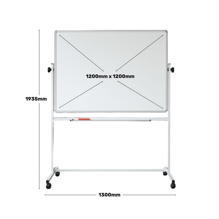 Square mobile whiteboard measuring 1200mm by 1200mm with a total height of 1935mm and 1300mm width
