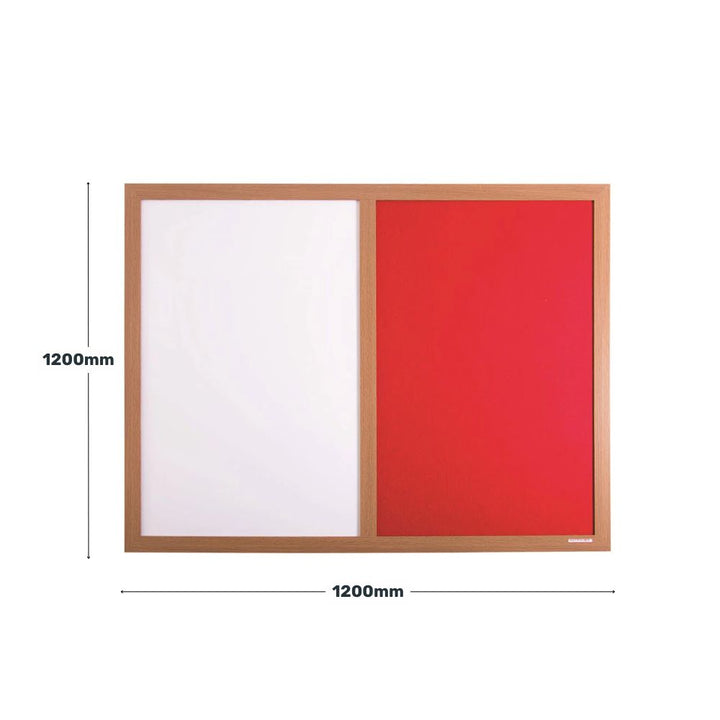 Red felt and dry-wipe whiteboard panel combination with wooden frame, designed for versatile use in classrooms or offices, 1200mm by 1200mm.

