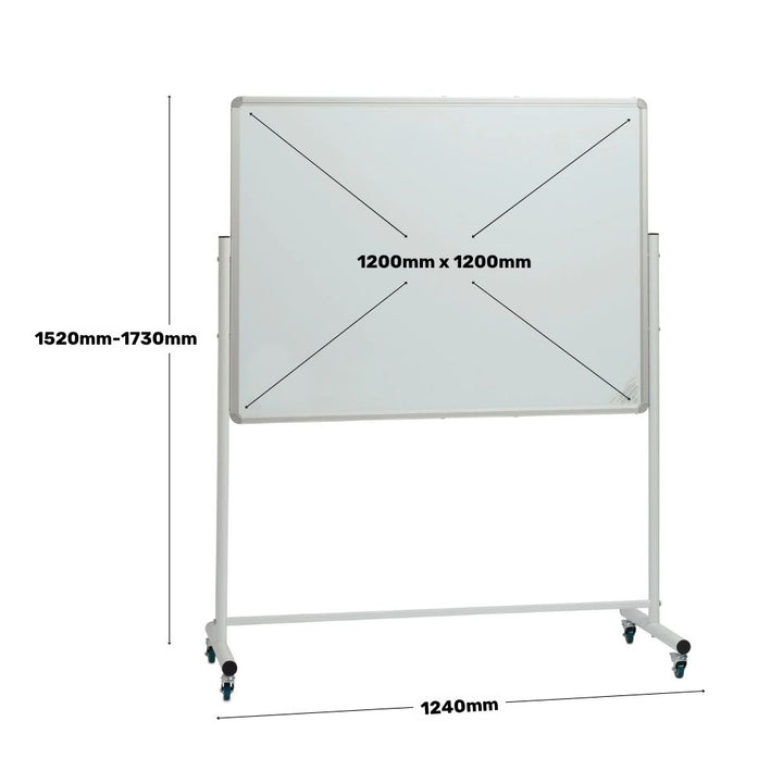 Height-adjustable 1200mm x 1200mm mobile whiteboard with measurements showing width of 1240mm and height range of 1520mm to 1730mm, ideal for schools and offices