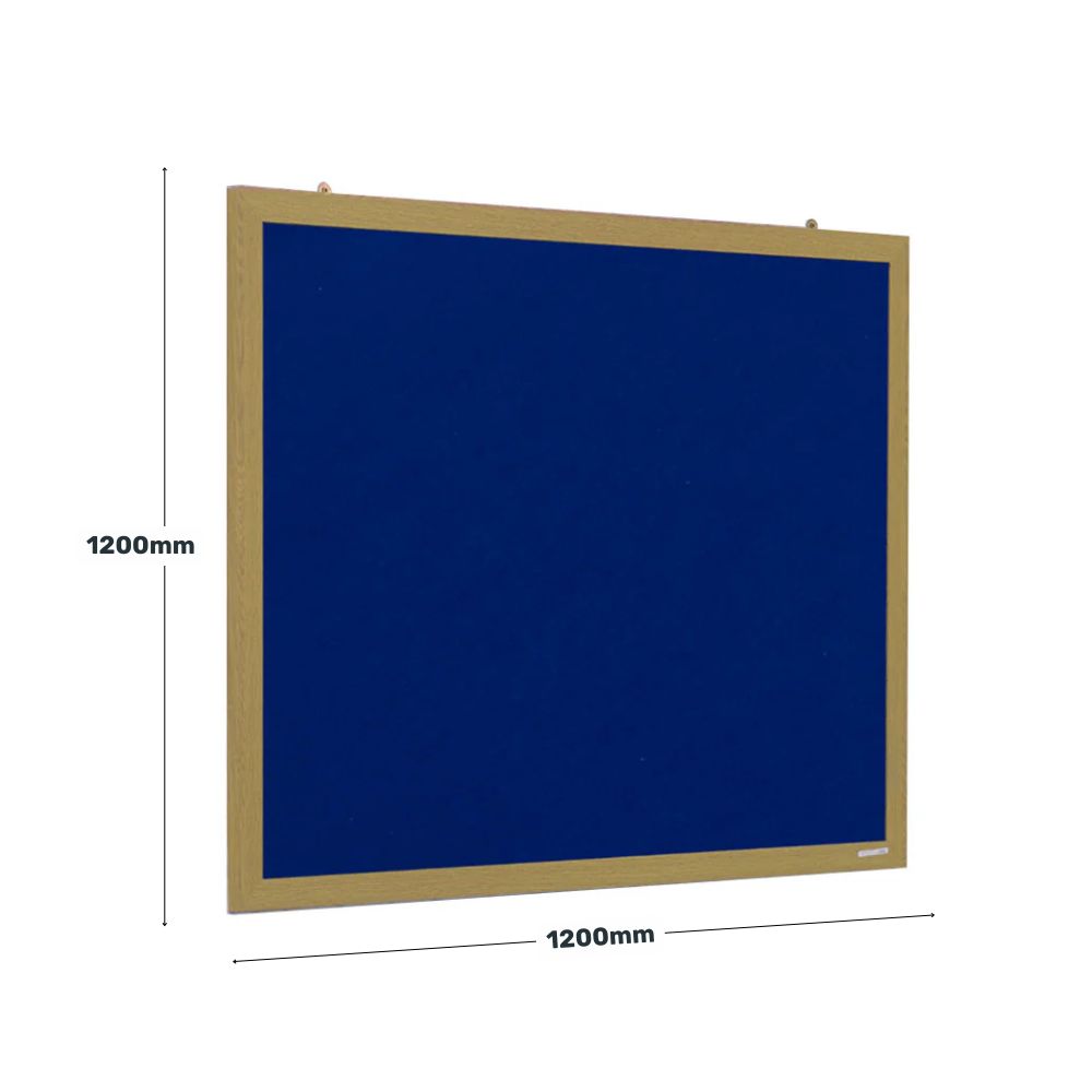 Square blue felt noticeboard with a light wooden frame, measuring 1200mm by 1200mm, suitable for use in educational, office, or communal environments for pinning announcements and information.