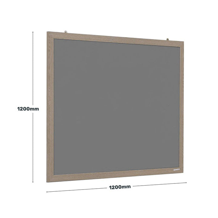 Square grey felt noticeboard with a wooden frame, sized at 1200mm by 1200mm, designed for pinning important messages and documents in modern office or classroom settings.
