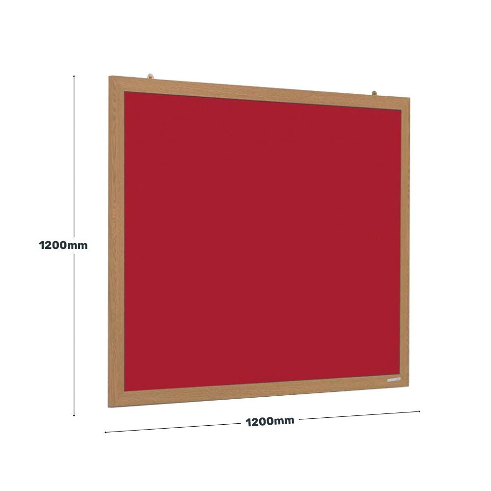 Square red felt noticeboard measuring 1200mm by 1200mm with a light wooden frame, perfect for displaying notices, memos, and posters in schools, offices, or community spaces.