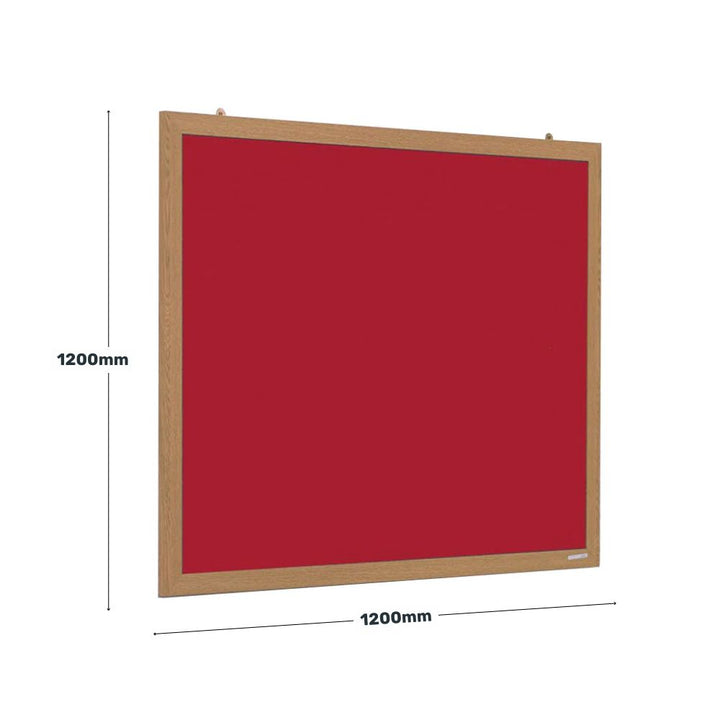 Square red felt noticeboard measuring 1200mm by 1200mm with a light wooden frame, perfect for displaying notices, memos, and posters in schools, offices, or community spaces.