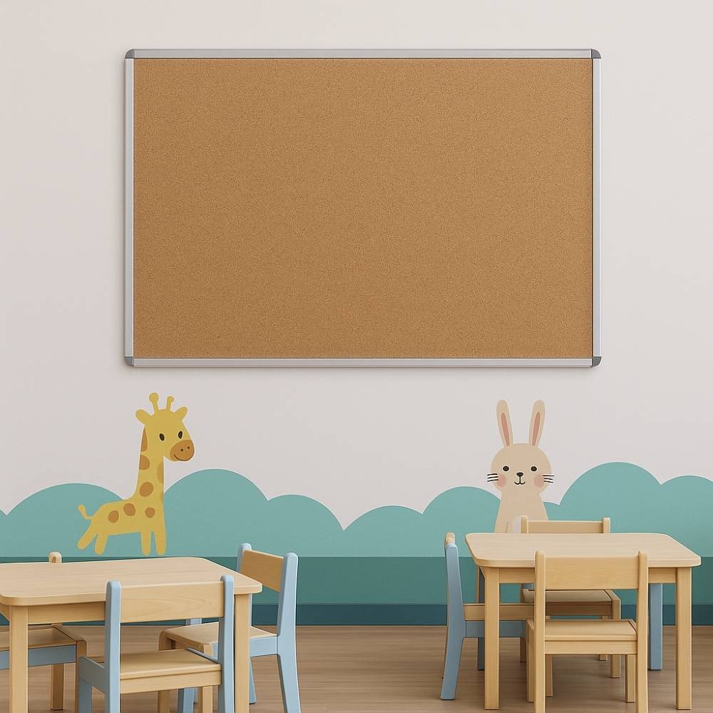 A 1500 x 1200mm cork noticeboard with a silver aluminium frame mounted on a white nursery wall, featuring playful wall decals of a giraffe and a bunny. The room includes small wooden tables and chairs in natural wood and pastel blue tones, creating a cheerful and child-friendly learning environment.







