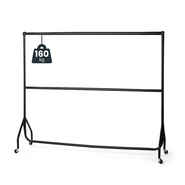 Load marker of 160kg sits beside the black two-tier frame, its adjustable centre bar and four castors shown against a plain background.
