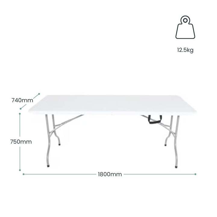 Technical dimensions graphic for an 1800mm folding table showing height, width, depth, and 12.5kg weight specifications.