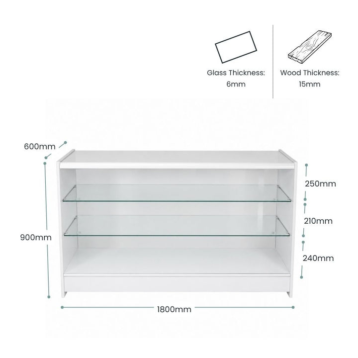 Specification image for an 1800mm white wooden glass retail display counter, showing 900mm height, 600mm depth, two glass shelves, 6mm glass thickness, 15mm wood construction and shelf spacing for larger shop displays and retail merchandising zones.
