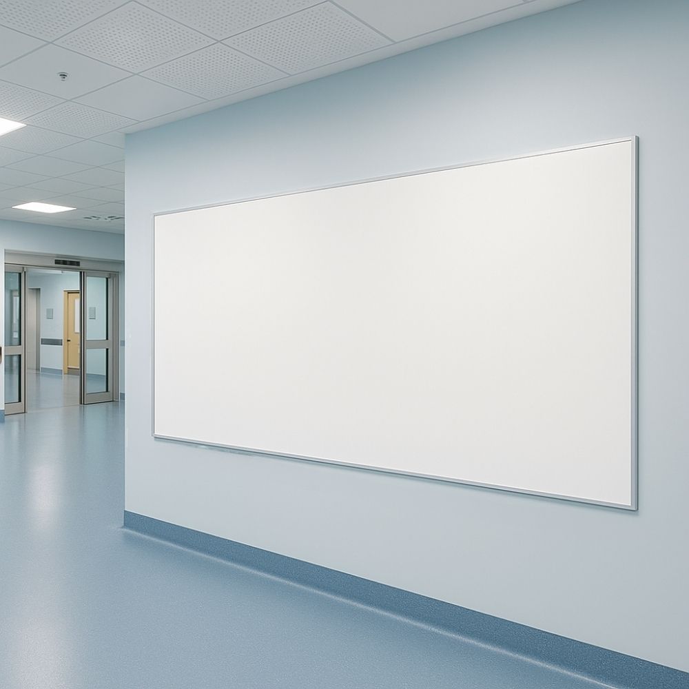 Large 1800mm by 1200mm magnetic whiteboard mounted in a sleek modern reception area with wood panel detailing.