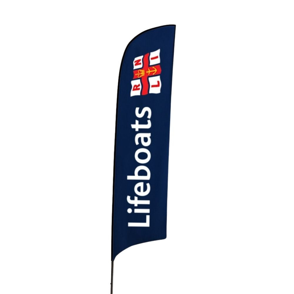 Glass fibre feather flag – 2.3m single-sided display with printed graphic and ground spike for trade shows or fairs