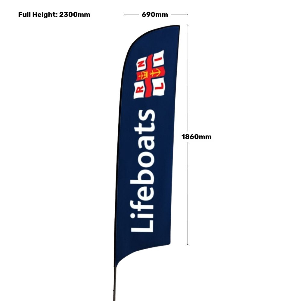 Outdoor 2.3m printed feather flag – durable glass fibre pole and ground spike for brand visibility at expos