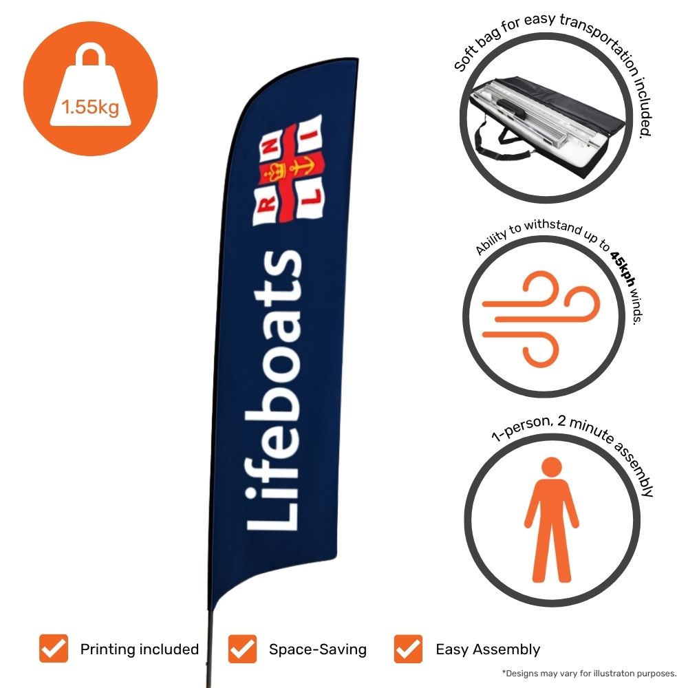 Custom feather flag 2.3m – single-sided display banner with spike base ideal for marketing at events or retail sites