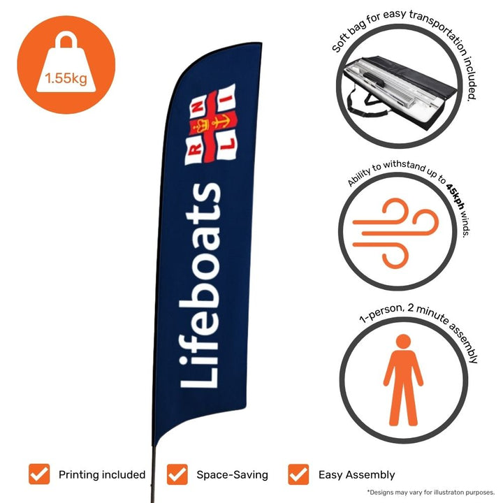 Custom feather flag 2.3m – single-sided display banner with spike base ideal for marketing at events or retail sites