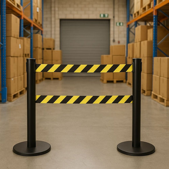Black Steel Retractable Barrier - Twin 3.4m Yellow & Black Chevron Belt
