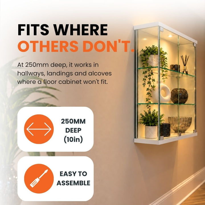 Side view of the illuminated white display cabinet highlighting its slim 250mm depth for wall mounting in hallways, landings and other compact spaces.