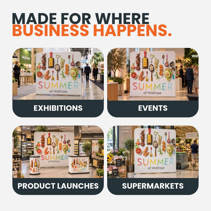 Double-sided printed fabric backdrop pictured at exhibitions, events, product launches and supermarket promotions to demonstrate different commercial settings.