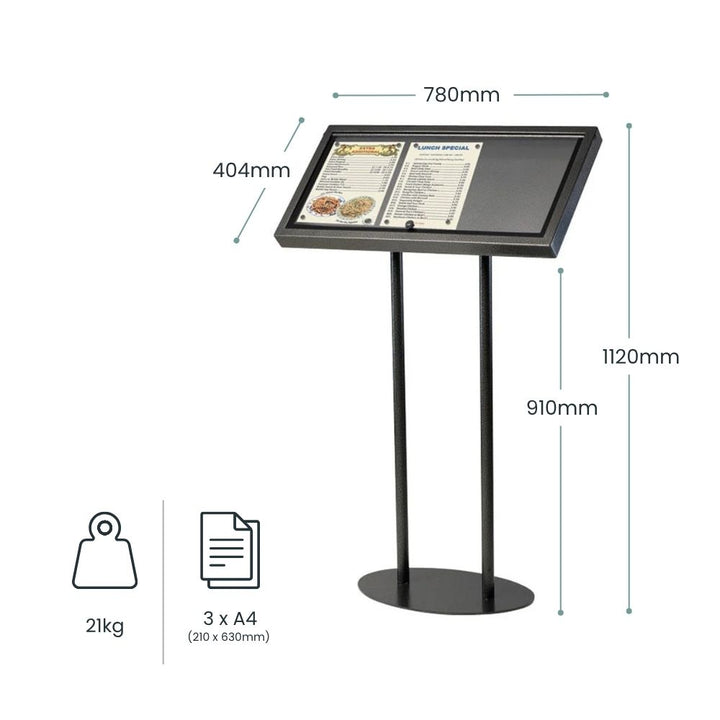 Dimension diagram for the 3 x A4 menu board: 1120mm overall height, 780mm wide, 404mm deep, 21kg weight and three A4 portrait panels.
