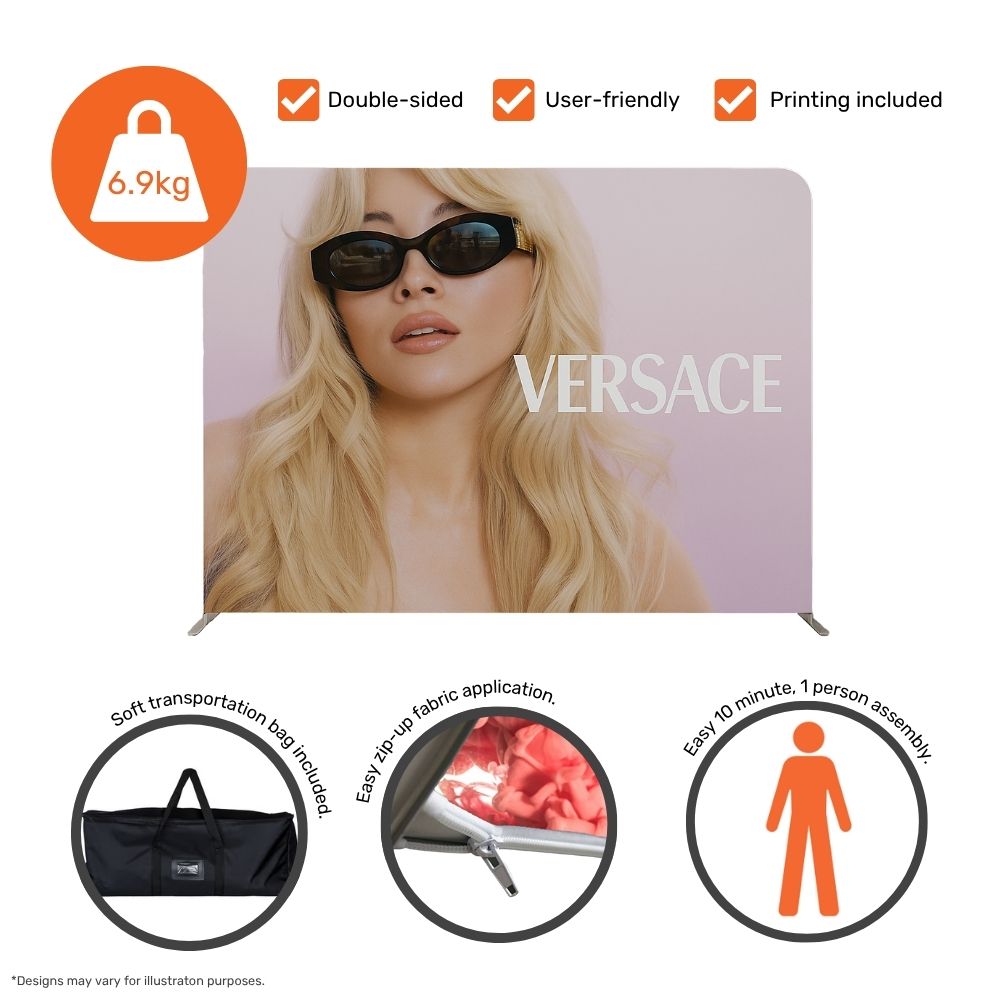 Professional 3m tension fabric display – straight dual-sided backdrop with printed graphics for retail or corporate showcases  