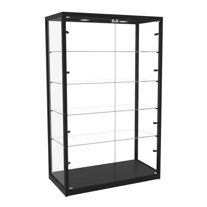 Glazed on all four sides, the black aluminium showcase holds four adjustable glass shelves above a solid base, with a single lock securing both doors.
