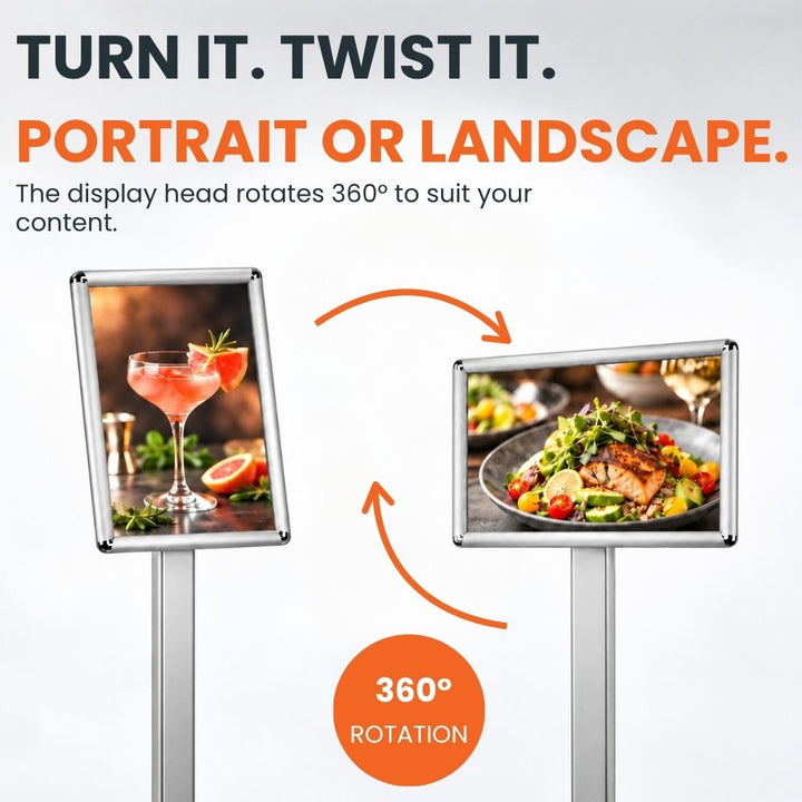 The A4 display head is presented in portrait and landscape orientations to demonstrate its 360-degree rotating frame.