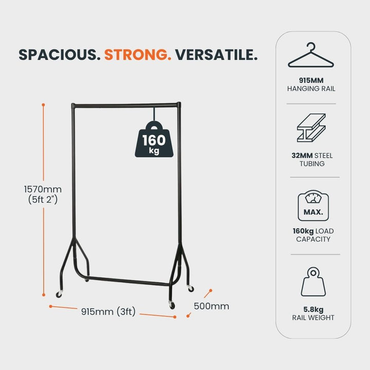 Dimension diagram for the 3ft black clothes rail: 1570mm tall, 915mm wide, 500mm deep, 5.8kg unit weight and 160kg maximum load capacity.
