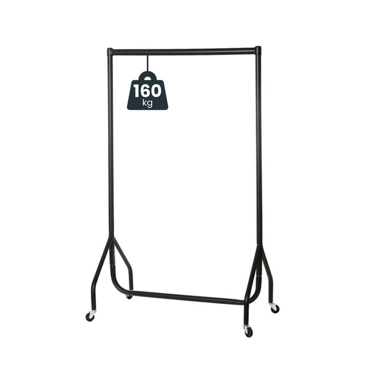 Black 3ft heavy duty clothes rail on four castor wheels with a 160kg SATRA-tested load rating, shown on a white background.
