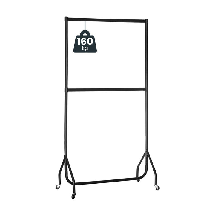 Black 3ft two-tier clothes rail on four castor wheels with adjustable centre bar and 160kg tested load capacity badge.
