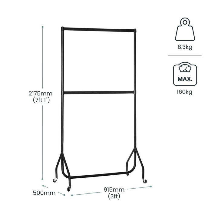 Dimension diagram for the 3ft two-tier clothes rail: 2175mm tall, 915mm wide, 500mm deep, 8.3kg unit weight, 160kg max load.
