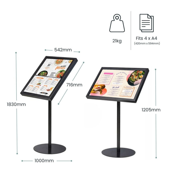 Dimensions for the 4 x A4 hammered menu board: 1205mm angled height, 542mm panel width, 1000mm base diameter, 21kg unit weight and 4 x A4 poster capacity.
