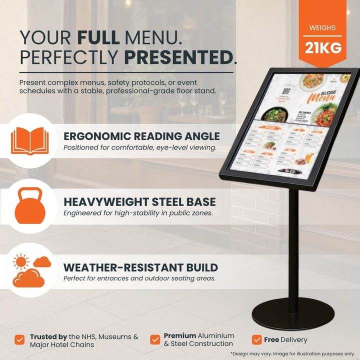 Feature panel for the 4 x A4 menu board: ergonomic reading angle, 21kg steel base and weather-resistant construction for sheltered outdoor use.
