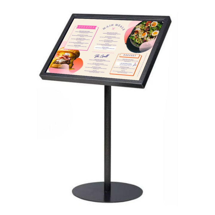 Black 4 x A4 hammered aluminium menu board in landscape orientation, showing the angled display frame and circular steel base on a white background.
