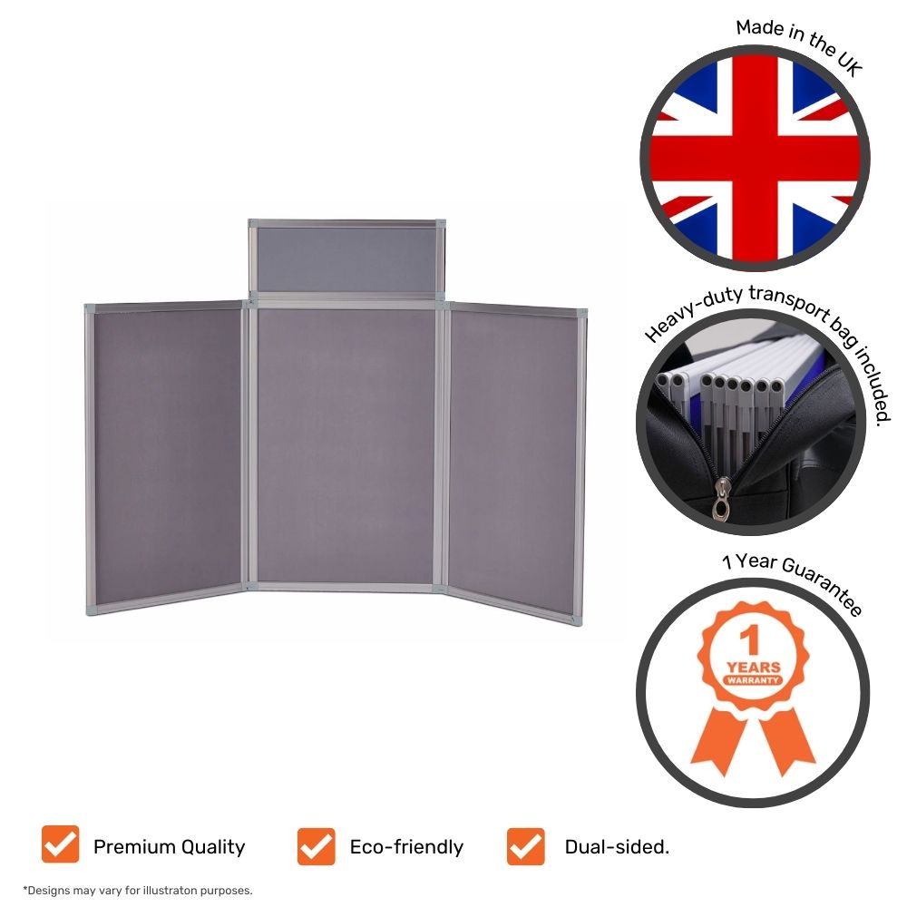 Grey tabletop display board with silver frame accompanied by icons for UK manufacturing, included transport bag, premium quality, eco-friendliness, dual-sided design, and a 1-year warranty.


