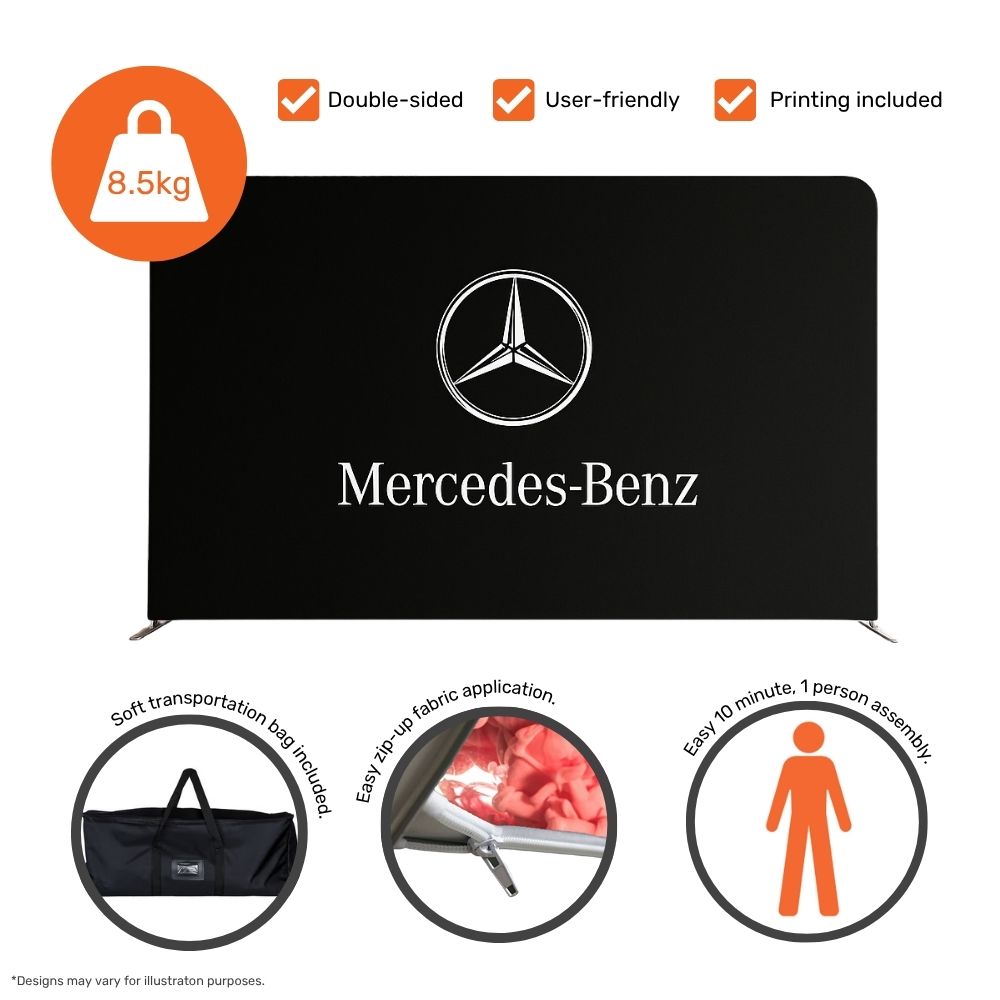 Professional 4000mm tension fabric display – straight dual-sided stand ideal for exhibitions, retail displays or conferences  
