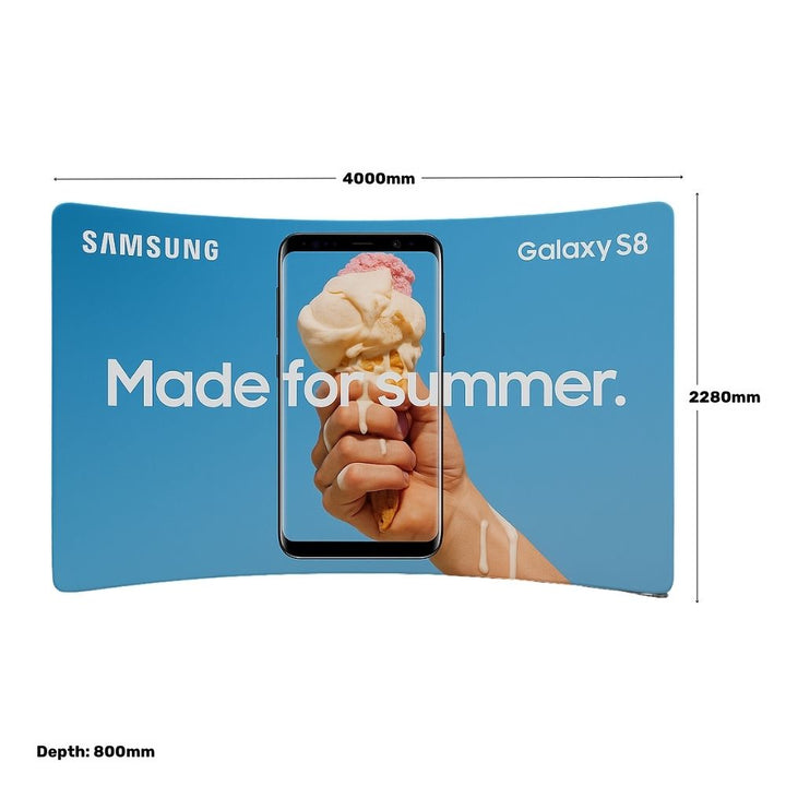 4 metre curved tension display – dual-sided fabric backdrop for promotional stands, exhibitions and product launches  