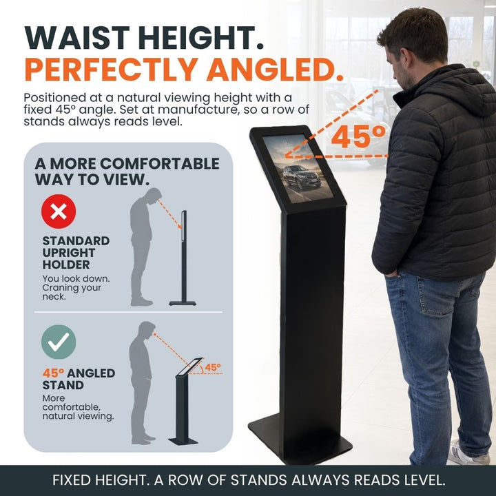 45 degree angled A4 poster stand compared with a standard upright floor standing sign holder