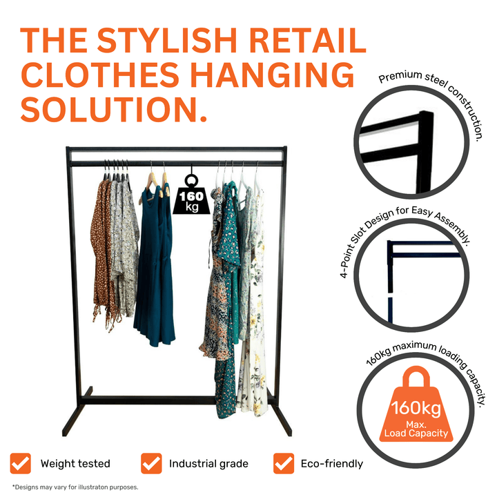Commercial black clothes rail – 4ft wide display unit for retail, made from heavy-duty steel with 160kg capacity