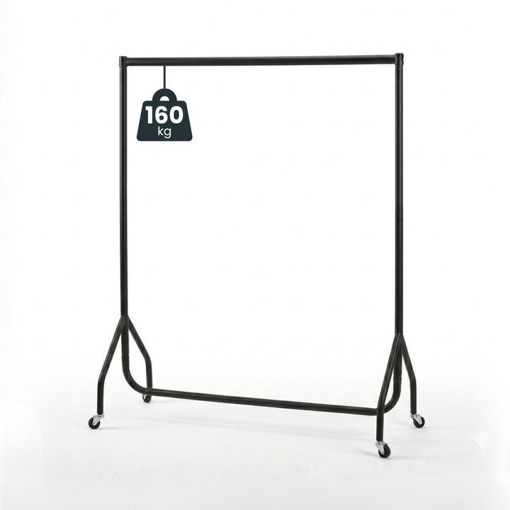 Black 4ft heavy duty clothes rail on four castor wheels with a 160kg SATRA-tested load rating, shown on a white background.

