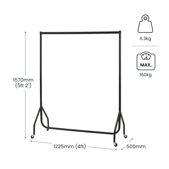 Dimension diagram for the 4ft black clothes rail: 1570mm tall, 1225mm wide, 500mm deep, 6.3kg unit weight and 160kg maximum load capacity.
