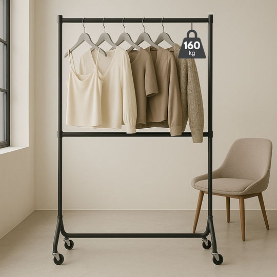 4ft Wide x 7ft Tall Two-Tier Black Commercial Grade Heavy Duty Steel Clothes Rail With 160kg Load Capacity