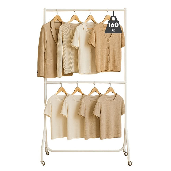Tall white two-level clothes rack – 4ft wide steel rail system with dual hanging tiers and 160kg weight rating