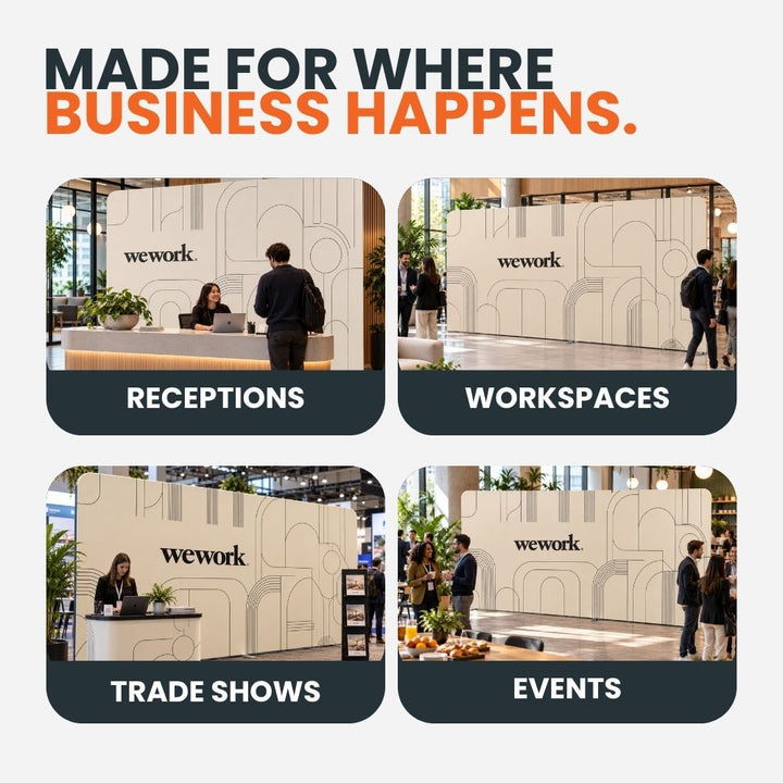 Five-metre branded fabric backdrop pictured across reception, workspace, trade show and business event settings.