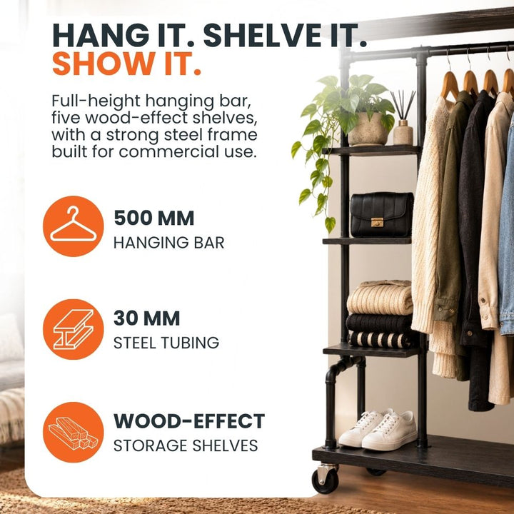 Commercial garment rail specification highlighting an 500mm hanging bar, 30mm steel tubing and wood-effect storage shelves above and below the hanging area.